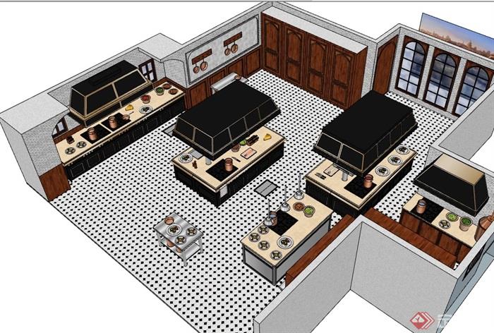 现代详细的厨房空间su模型