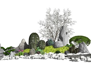 新中式景观小品 庭院景观 假山石头 仙人掌 植物 枯枝 植物SU(草图大师)模型