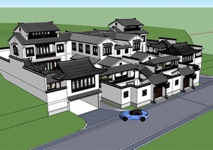 古典中式双拼住宅别墅建筑素材设计SU(草图大师)模型