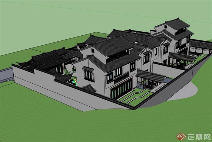 古典中式双拼住宅别墅建筑素材设计su模型