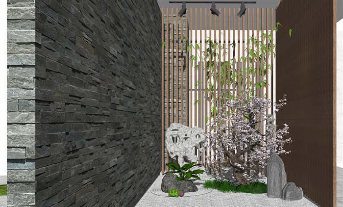 新中式风格庭院景观 景观小品 石头竹子 灯SU模型(2)