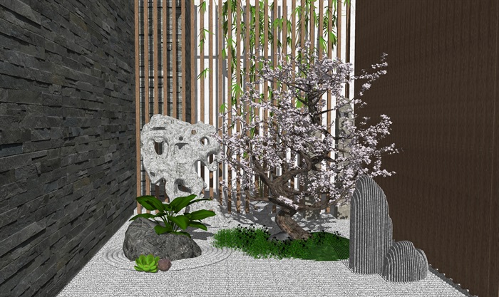 新中式风格庭院景观 景观小品 石头竹子 灯SU模型(3)