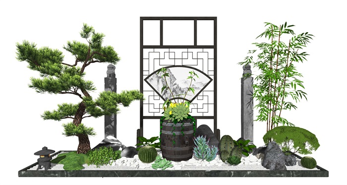新中式庭院景观 景观小品 花盆花箱 植物 仙人掌 树su模型(2)