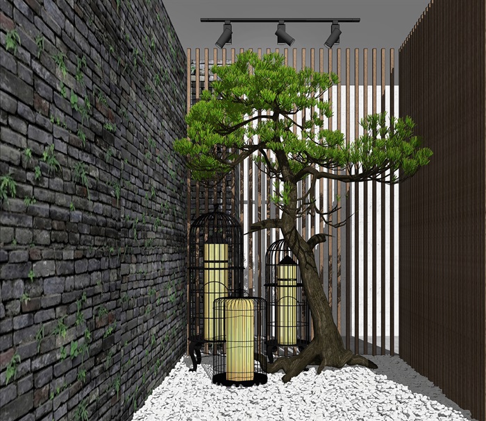 新中式景观小品庭院景观松树鸟笼灯SU模型(3)