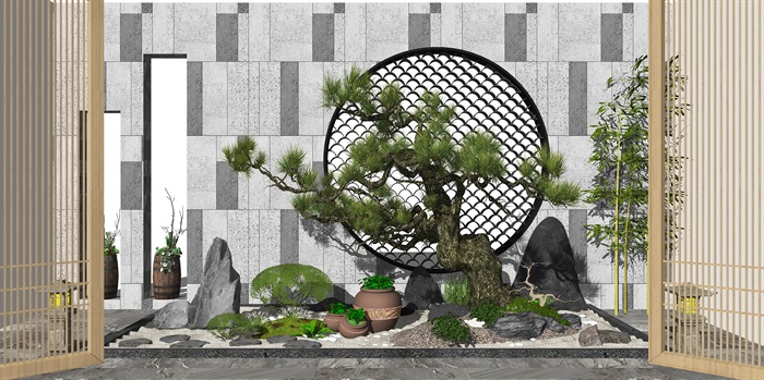 新中式庭院景观 景观小品 景观树 假山石头 盆栽 花盆 植物 景墙su模型(2)