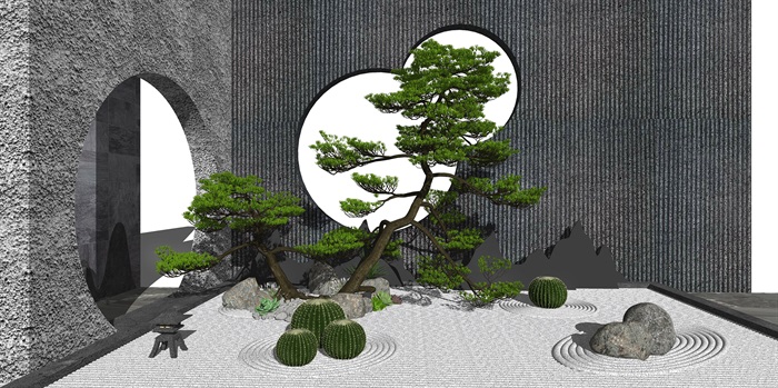 新中式庭院景观 景观小品 仙人球 石头 枯山水景观 禅意景观小品su模型(1)