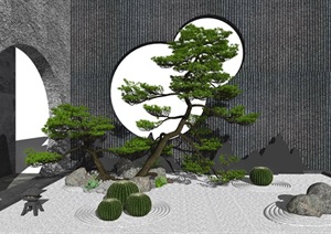 新中式庭院景观 景观小品 仙人球 石头 枯山水景观 禅意景观小品SU(草图大师)模型