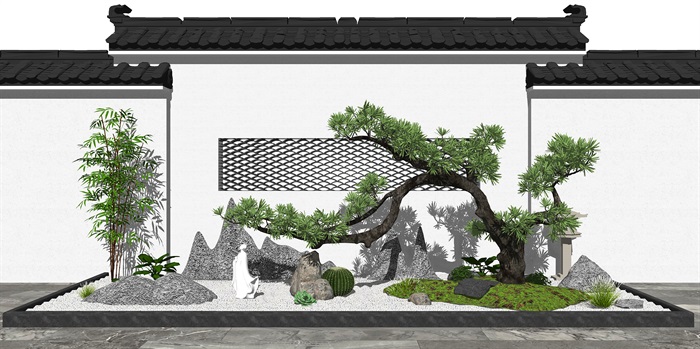 新中式景观小品 庭院景观 假山石头 树 佛像景墙su模型(1)
