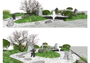 日式枯山水禅意庭院景观 景观小品 枯枝SU(草图大师)模型1