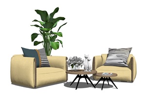 现代休闲沙发 单人沙发 抱枕 摆件盆栽 桌椅组合SU(草图大师)模型