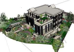 精致的详细别墅居住楼设计SU(草图大师)模型含庭院