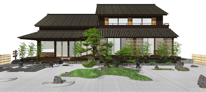 日式庭院景观 景观小品 日式建筑 枯山水 茶室建筑SU模型(1)