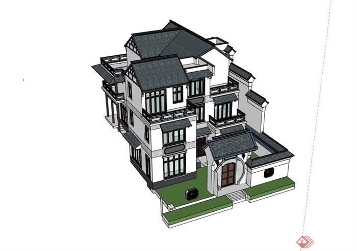 中式风格住宅多层别墅su模型