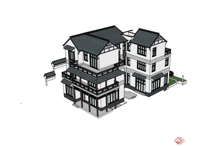 中式风格住宅多层别墅su模型