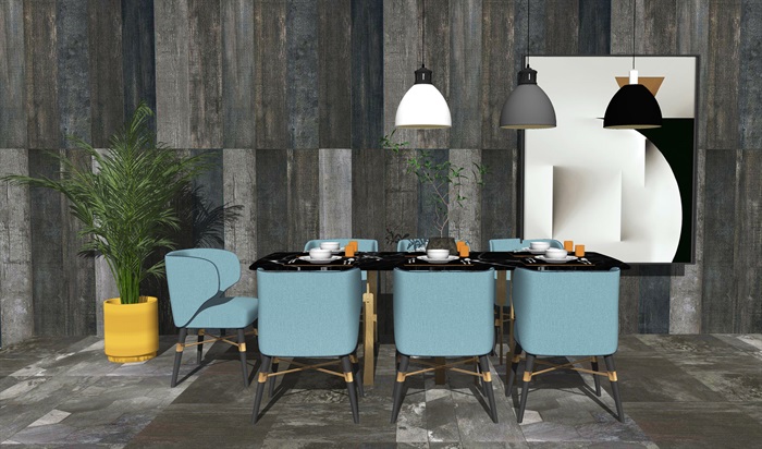 现代餐桌椅组合 椅子桌子 盆栽 吊灯su模型(3)