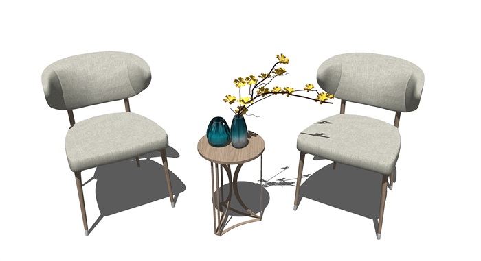 现代休闲椅 茶几 椅子花瓶枯枝su模型(1)