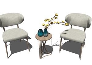 现代休闲椅 茶几 椅子花瓶枯枝SU(草图大师)模型