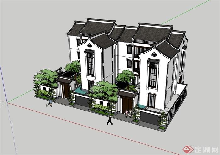 中式双拼居住别墅素材建筑su模型