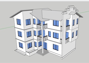 三层中式居住别墅素材建筑SU(草图大师)模型