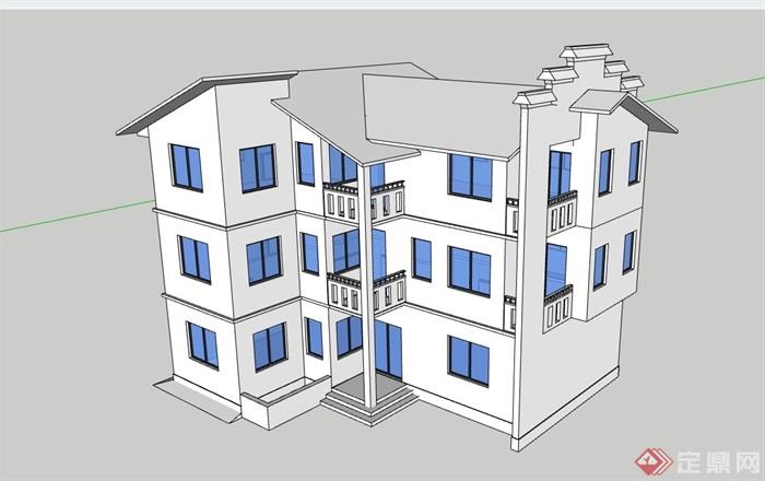 三层中式居住别墅素材建筑su模型