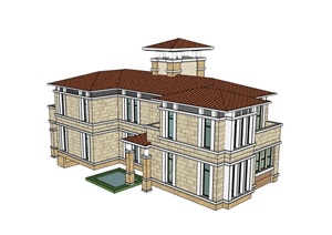两层详细的欧式居住别墅素材建筑SU(草图大师)模型