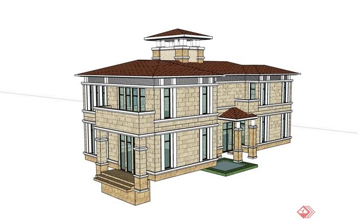 两层详细的欧式居住别墅素材建筑su模型
