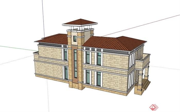 两层详细的欧式居住别墅素材建筑su模型