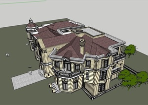 两层详细的欧式居住别墅素材建筑SU(草图大师)模型
