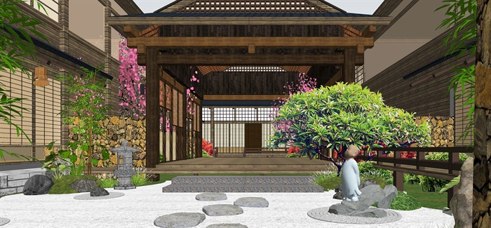 日式庭院景观 枯山水 景观小品 禅意茶室 日式建筑 日式风情SU模型(1)