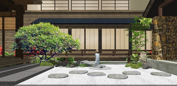 日式庭院景观 枯山水 景观小品 禅意茶室 日式建筑 日式风情SU模型(2)