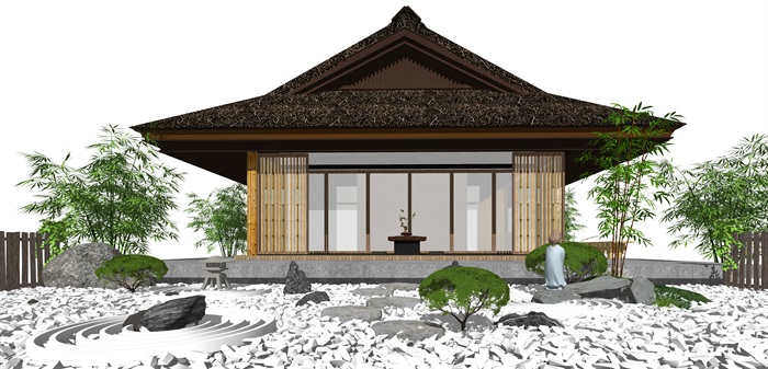 新中式日式景观小品 庭院景观 茶室 枯山水 SU模型(1)
