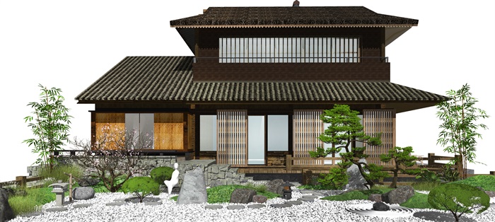 新中式日式景观小品 庭院景观 枯山水 日式茶室 石头 松树 SU模型(1)