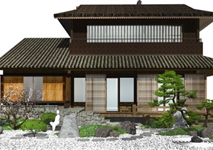 新中式日式景观小品 庭院景观 枯山水 日式茶室 石头 松树 SU(草图大师)模型