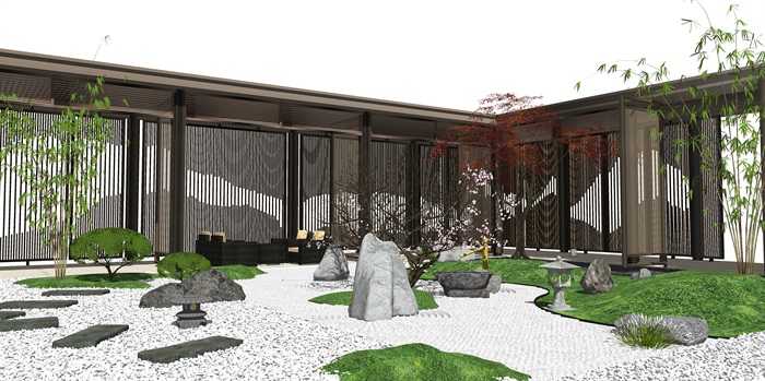 新中式庭院景观 景观小品 禅意庭院 石头 枯枝 凉亭 廊架su模型(1)