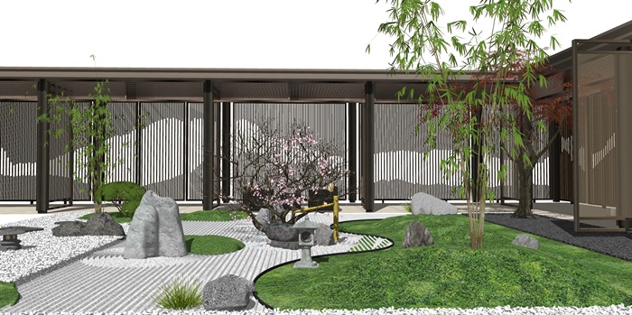 新中式庭院景观 景观小品 禅意庭院 石头 枯枝 凉亭 廊架su模型(2)