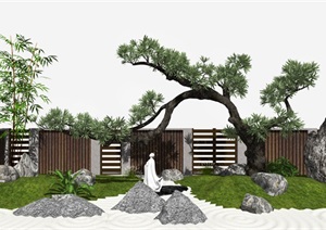 日式枯山水庭院  景观小品 景观树 石头 栏杆围栏SU(草图大师)模型