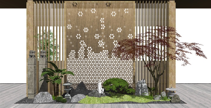 新中式庭院景观 景观小品 植物 石头 树 日式灯 隔断su模型(1)