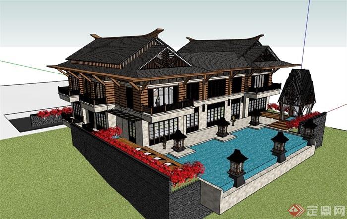 东南亚风格别墅居住设计su模型