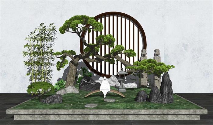 新中式庭院景观 景观小品 景观树 石头 植物su模型(3)