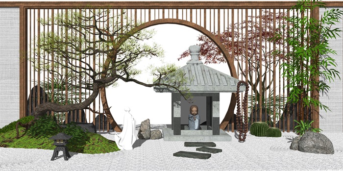 新中式庭院景观 景观小品 景观树 石头 植物 隔断 景墙 佛像su模型(2)