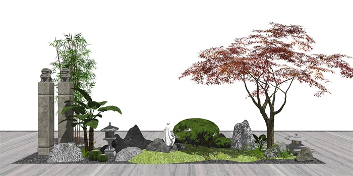 新中式庭院景观 景观小品 植物 石头 树 日式灯su模型(1)