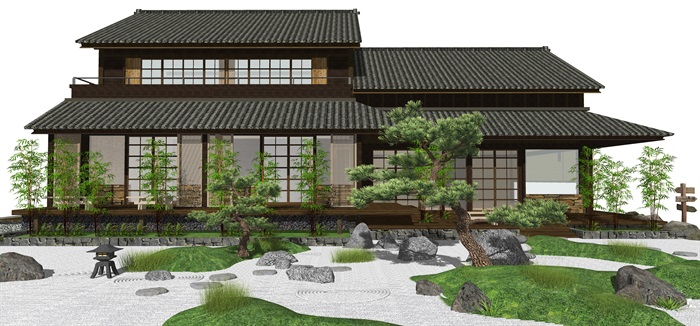 日式景观小品 庭院景观 新中式景观小品 枯山水 松树 日式建筑SU模型(1)