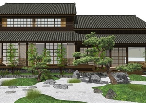 日式景观小品 庭院景观 新中式景观小品 枯山水 松树 日式建筑SU(草图大师)模型