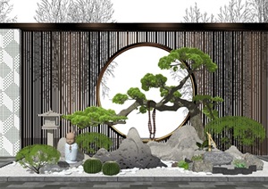 新中式景观小品 庭院景观 枯山水 景墙 松树 水景 片石假山SU(草图大师)模型