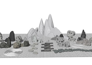 新中式假山石头枯山水汀步景观小品SU(草图大师)模型