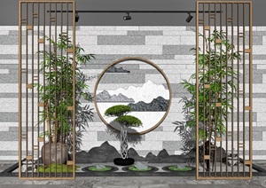 新中式景观小品庭院景观景墙隔断盆栽片石假山SU(草图大师)模型