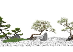 新中式景观植物景观树枯山水松树假山石头SU(草图大师)模型