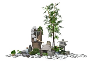 新中式景观小品庭院景观跌水景观石头石灯木桶石磨SU(草图大师)模型