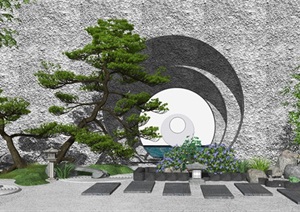 新中式景观小品庭院景观景墙枯山水松树水景SU(草图大师)模型
