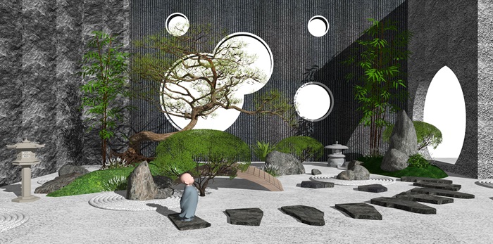新中式庭院景观小品枯山水景墙松树汀步石灯SU模型(1)
